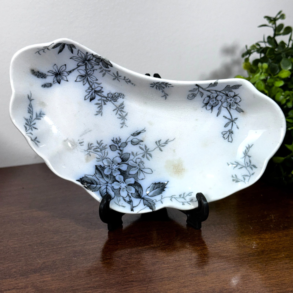 Antique Floral Bone Dish Alfred Meakin Blossom Ironstone Blue White Stained 6.5"